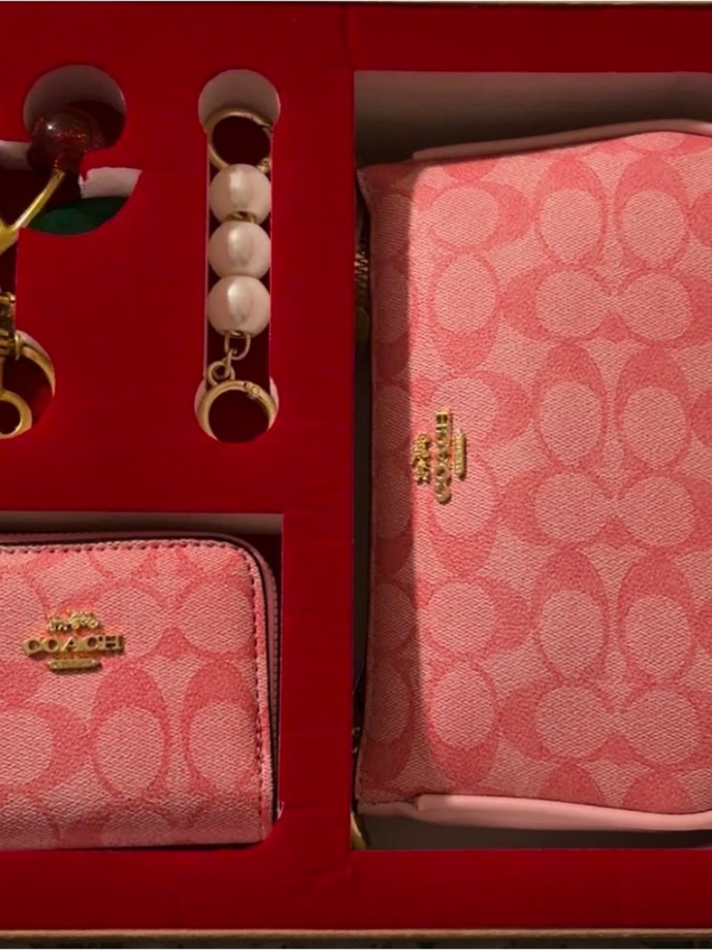 Coach Pink Signature Canvas Wallet and Cosmetic Pouch Set with Pearl Key Charm